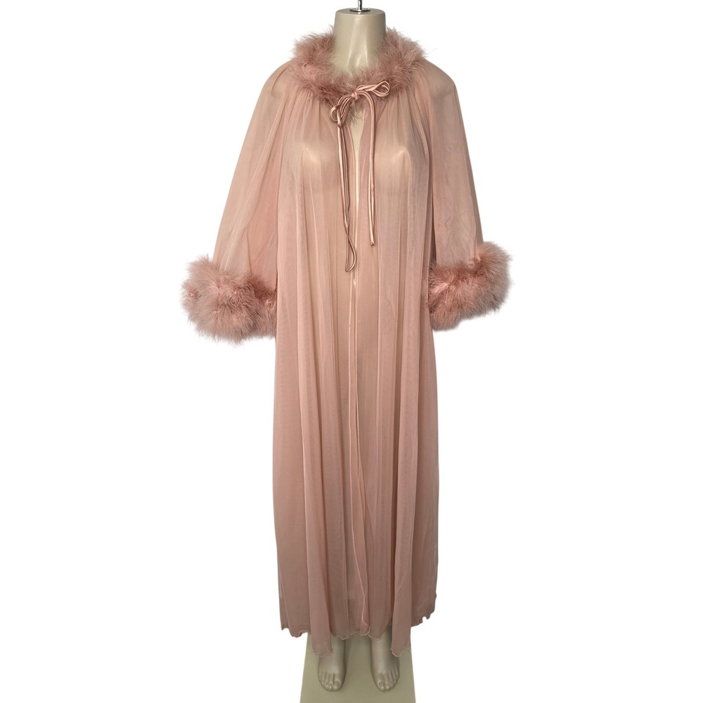 Intime of California Robe Women M Pink Sheer Feather Trim Long Mesh Vintage